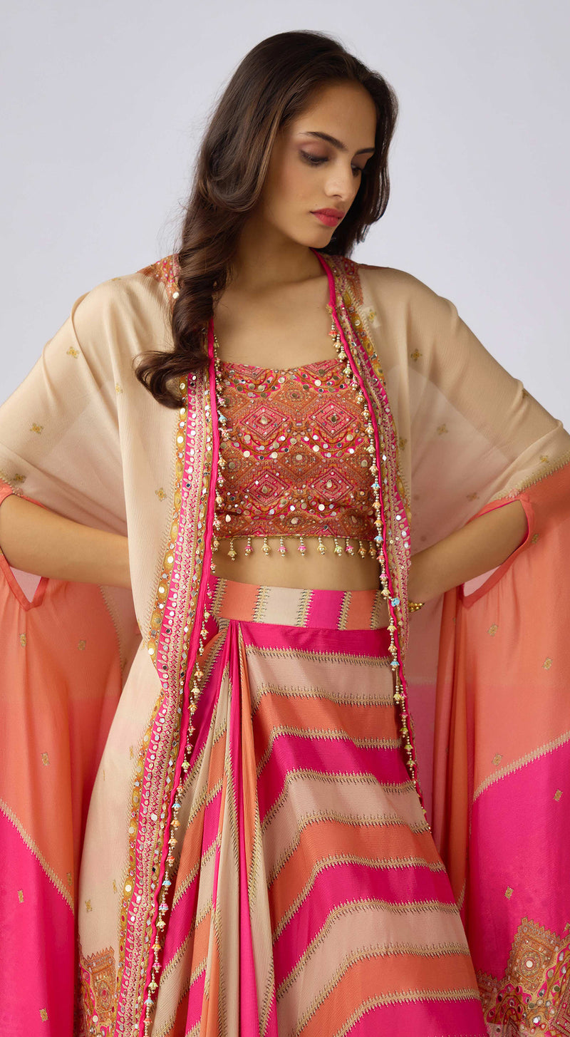 Pink Chinon Embroidered Cape Set