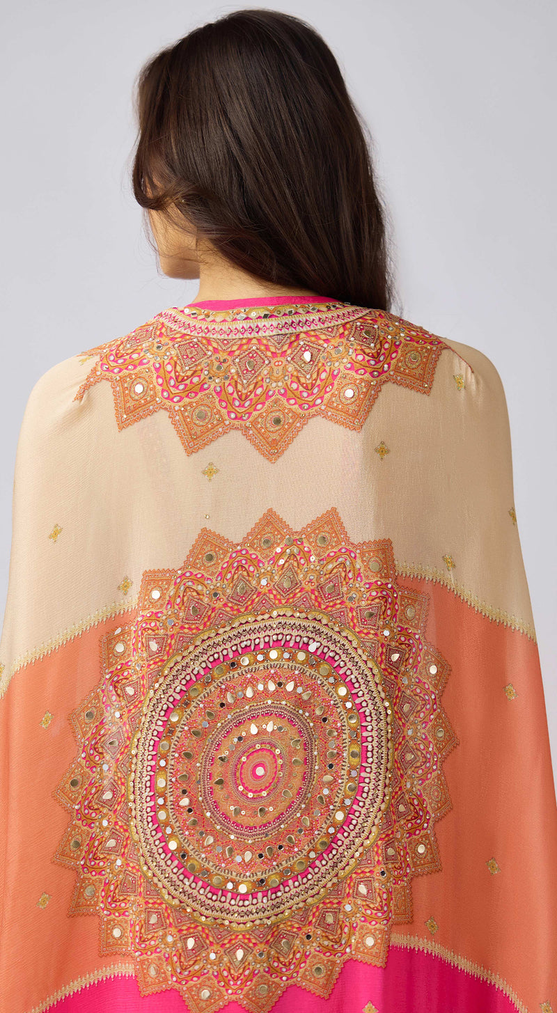 Pink Chinon Embroidered Cape Set