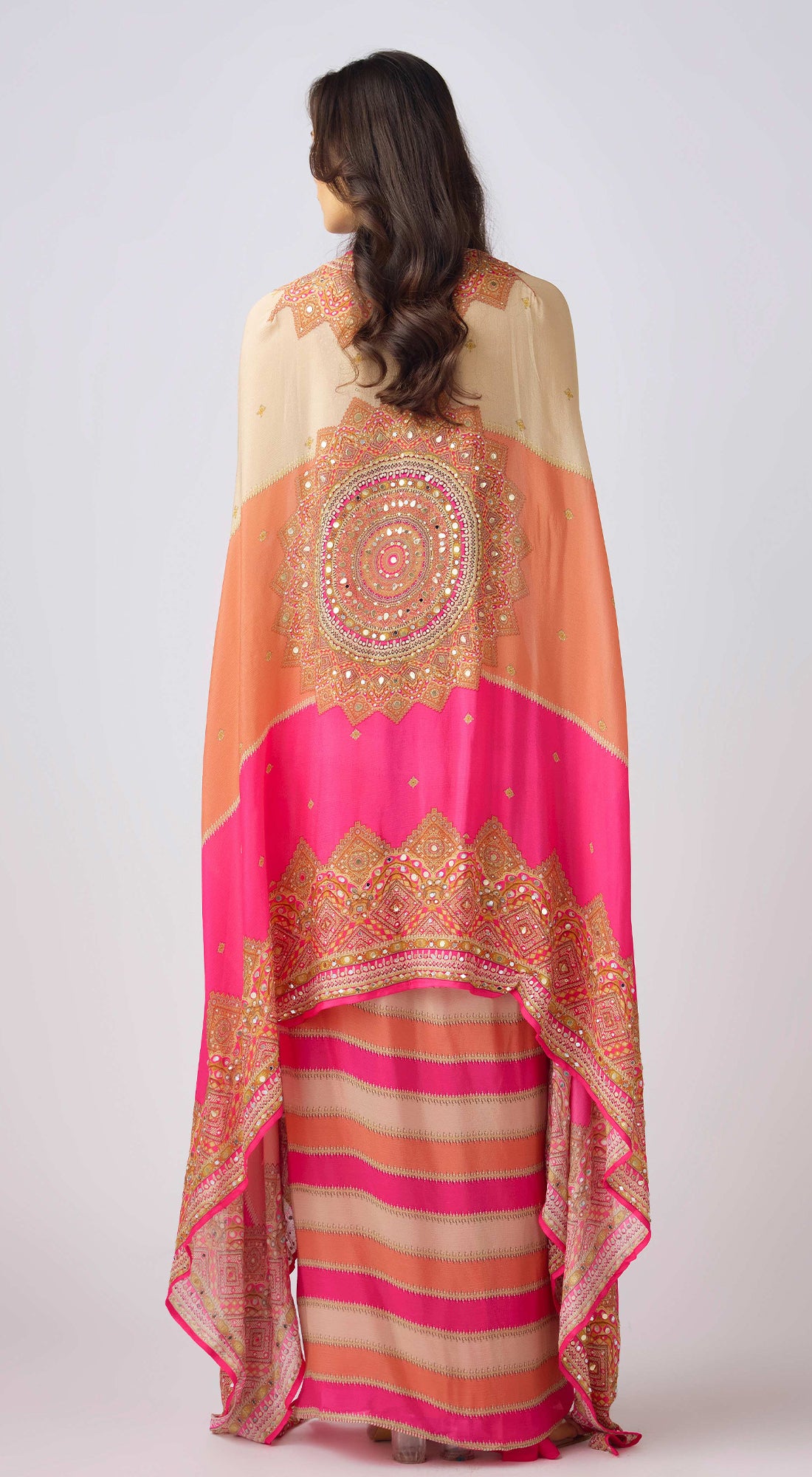 Pink Chinon Embroidered Cape Set