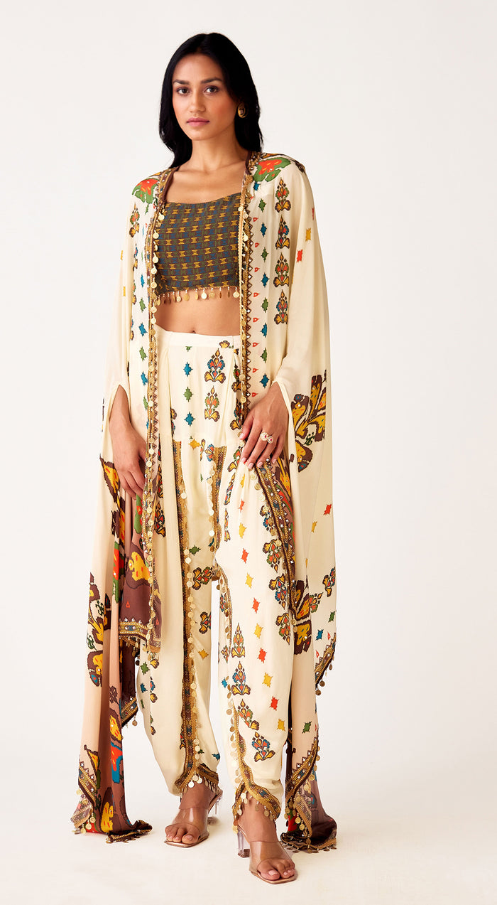 Ivory Crepe Embroidered Cape Set