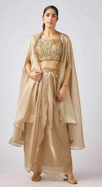 Gold Organza Embroidered Cape Set