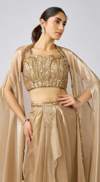 Gold Organza Embroidered Cape Set