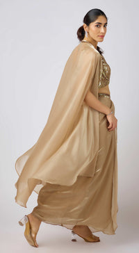 Gold Organza Embroidered Cape Set