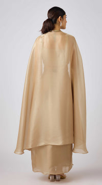 Gold Organza Embroidered Cape Set