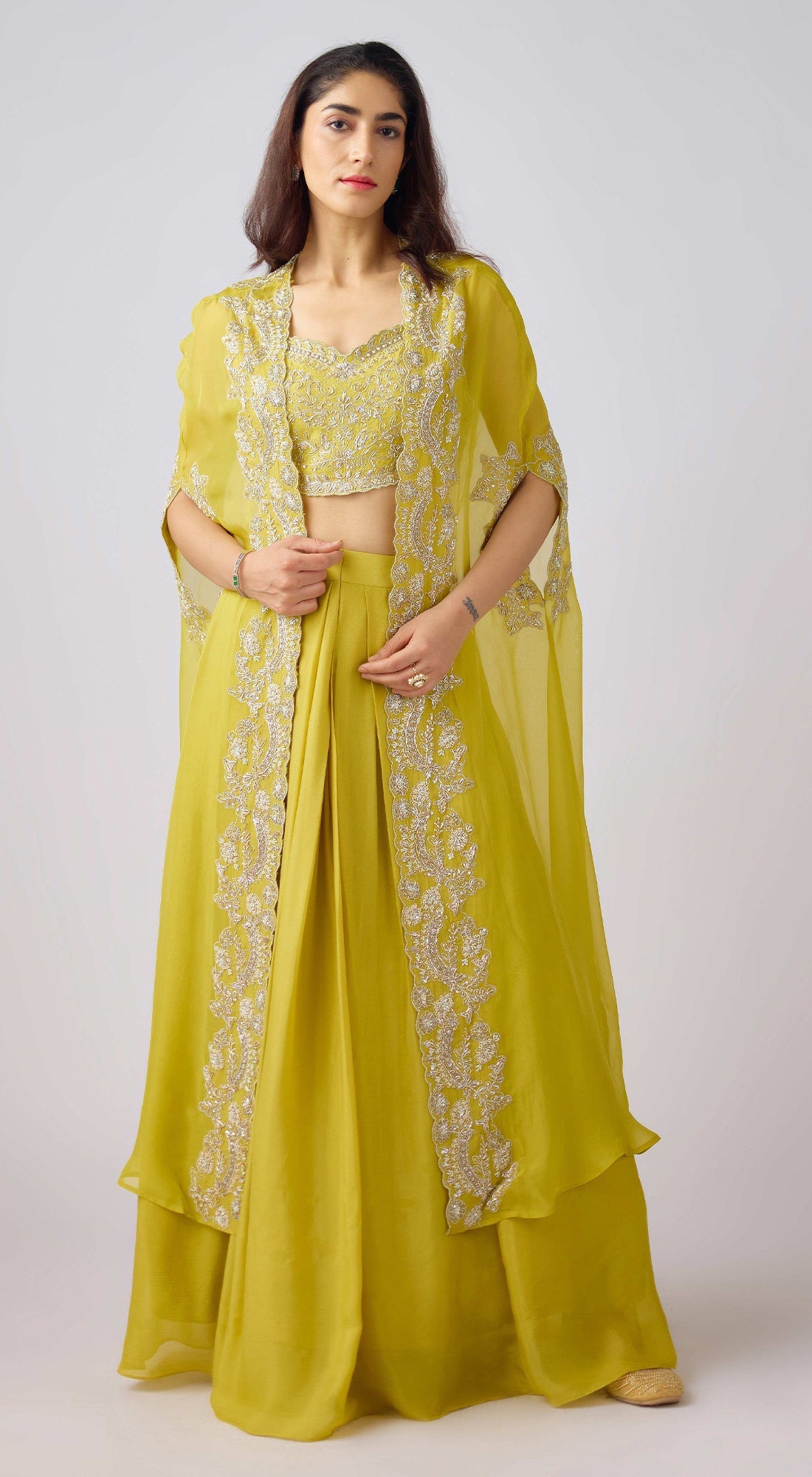 Yellow Silk Embroidered Cape Set