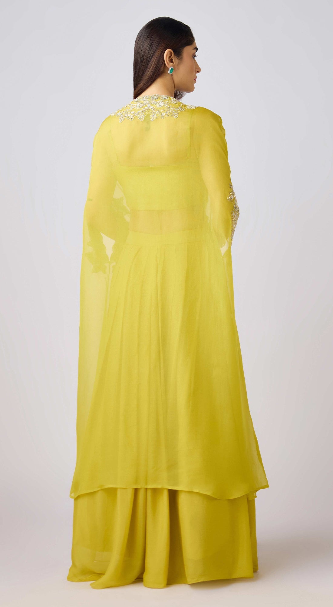 Yellow Silk Embroidered Cape Set