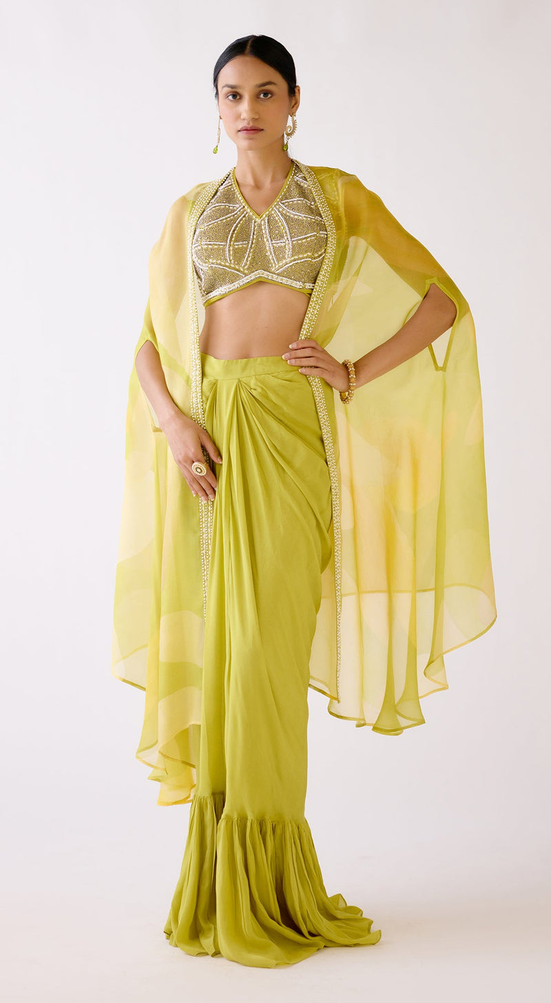 Yellow Cape Set with Draped Skirt