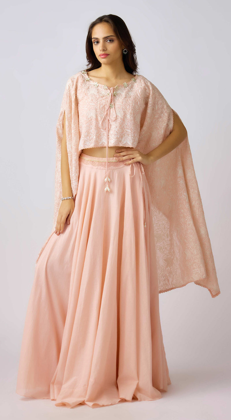 Pink Cotton Embroidered Cape Set