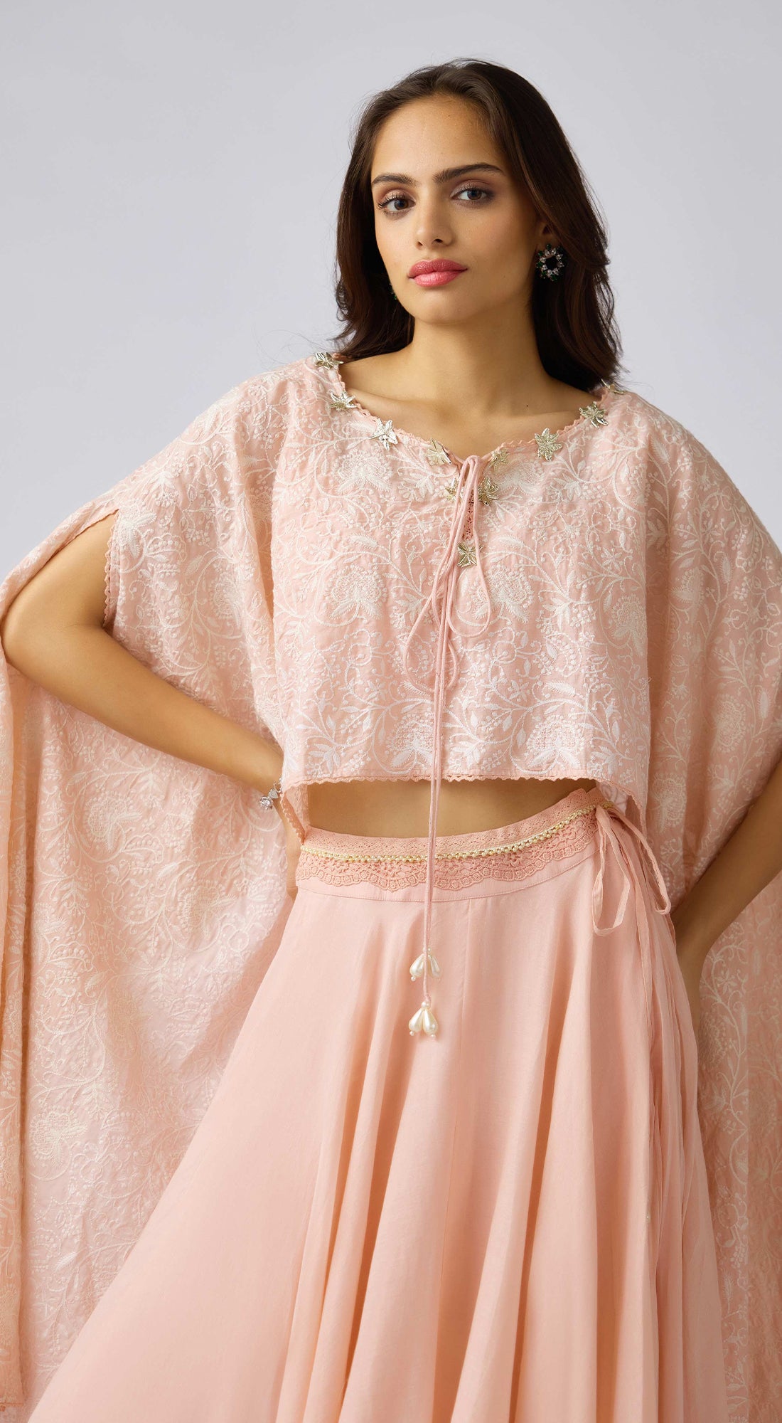 Pink Cotton Embroidered Cape Set