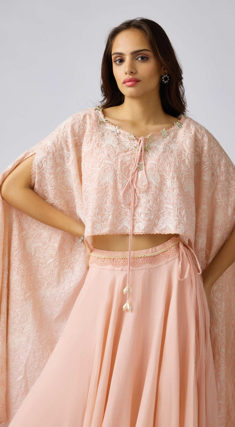 Pink Cotton Embroidered Cape Set