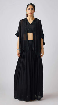 Black Organza Embroidered Cape Set