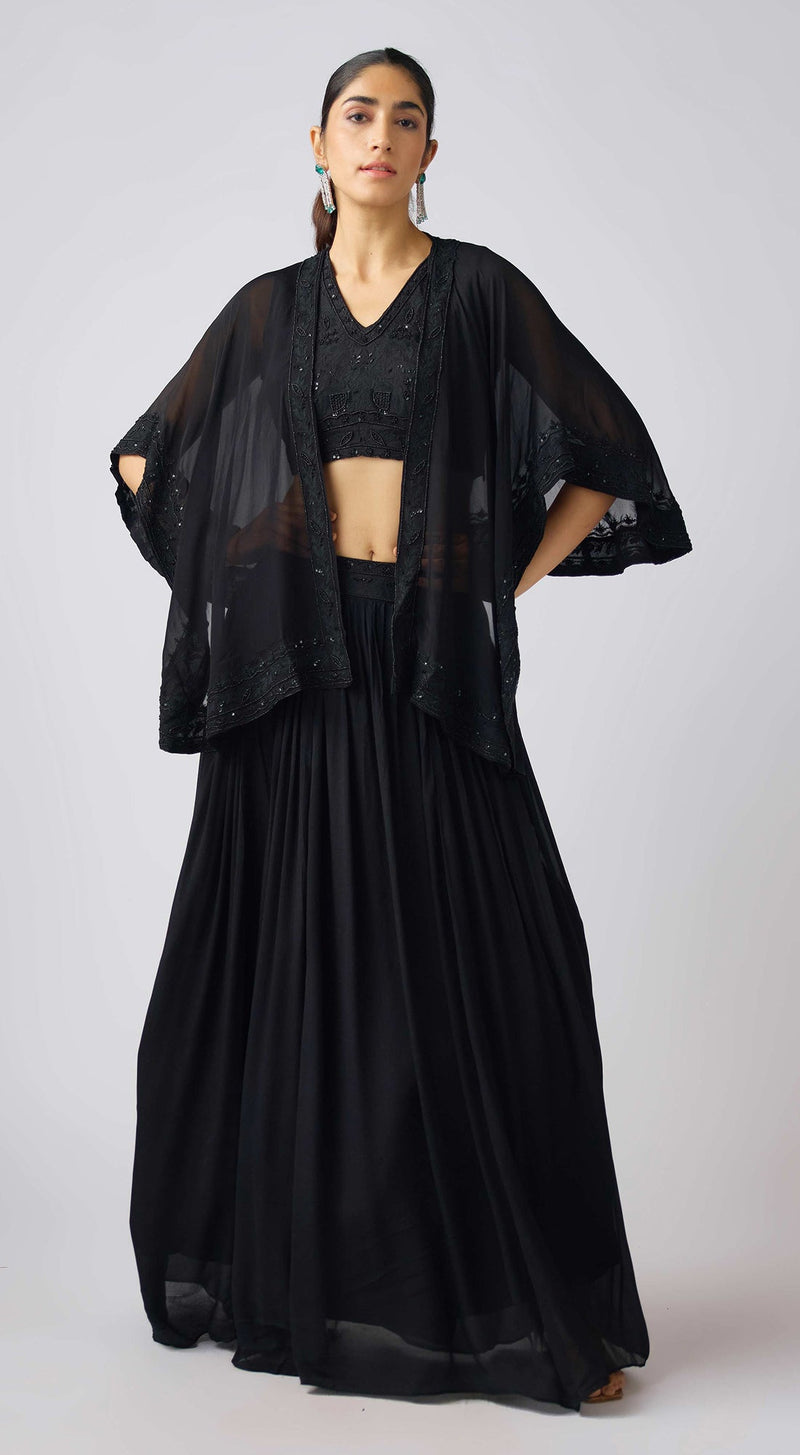 Black Organza Embroidered Cape Set