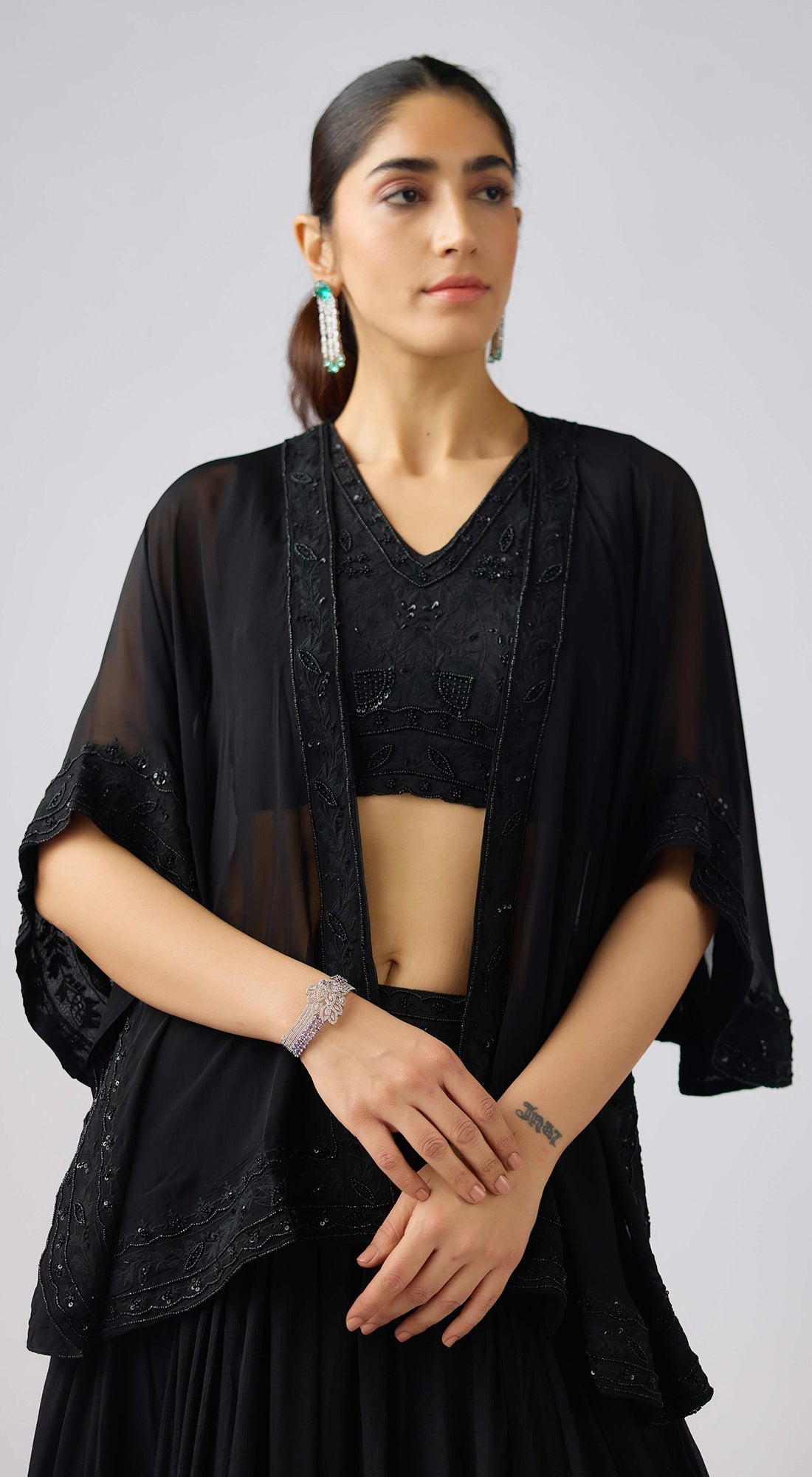 Black Organza Embroidered Cape Set