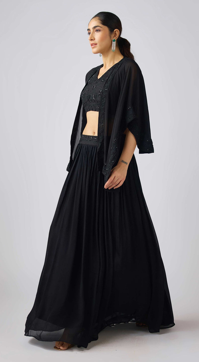 Black Organza Embroidered Cape Set