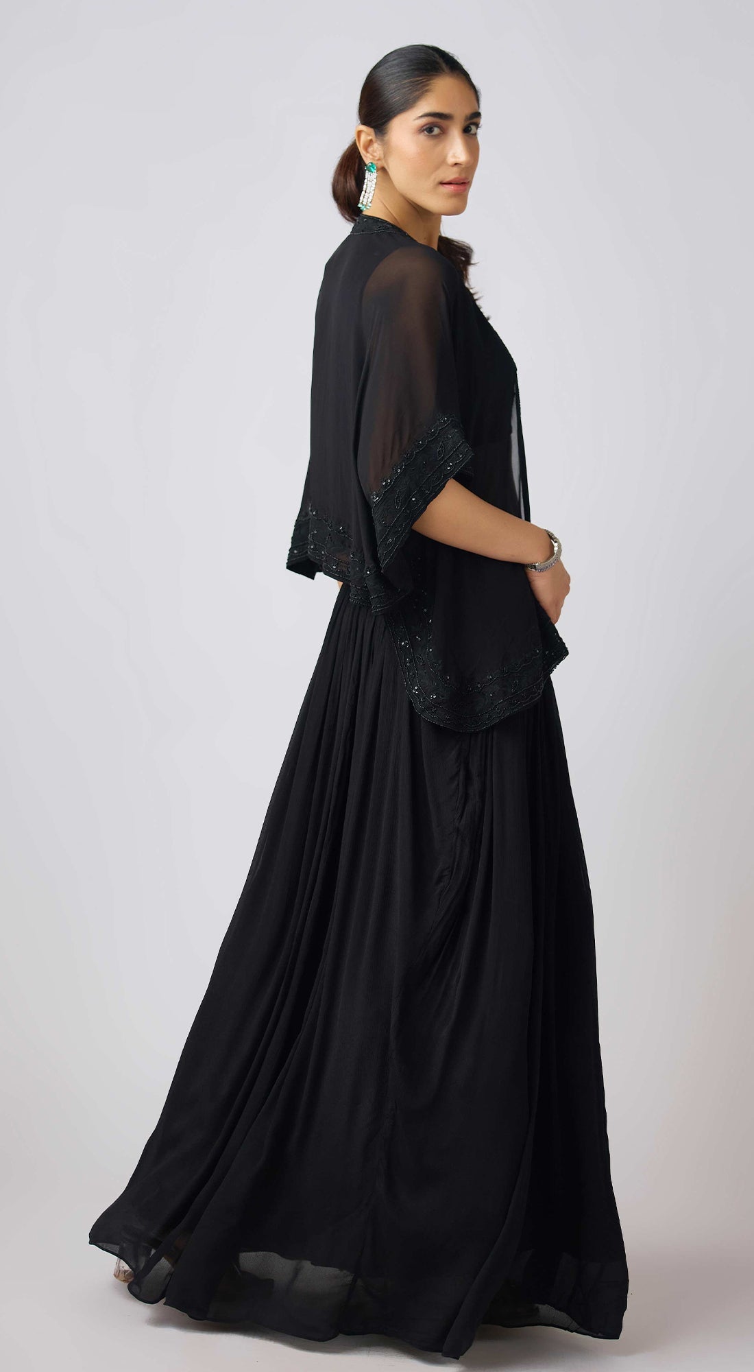 Black Organza Embroidered Cape Set