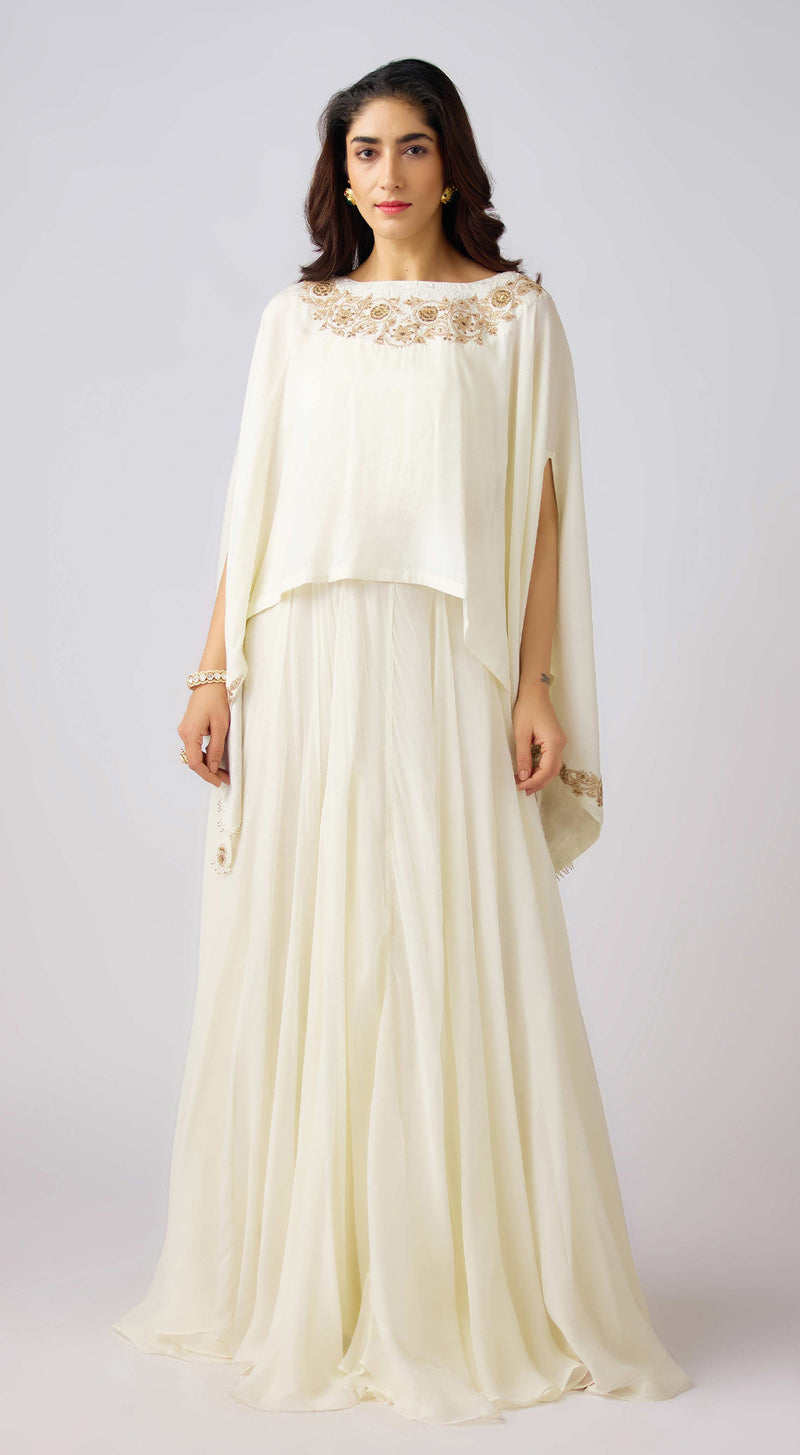 Off White Silk Embroidered Cape Set