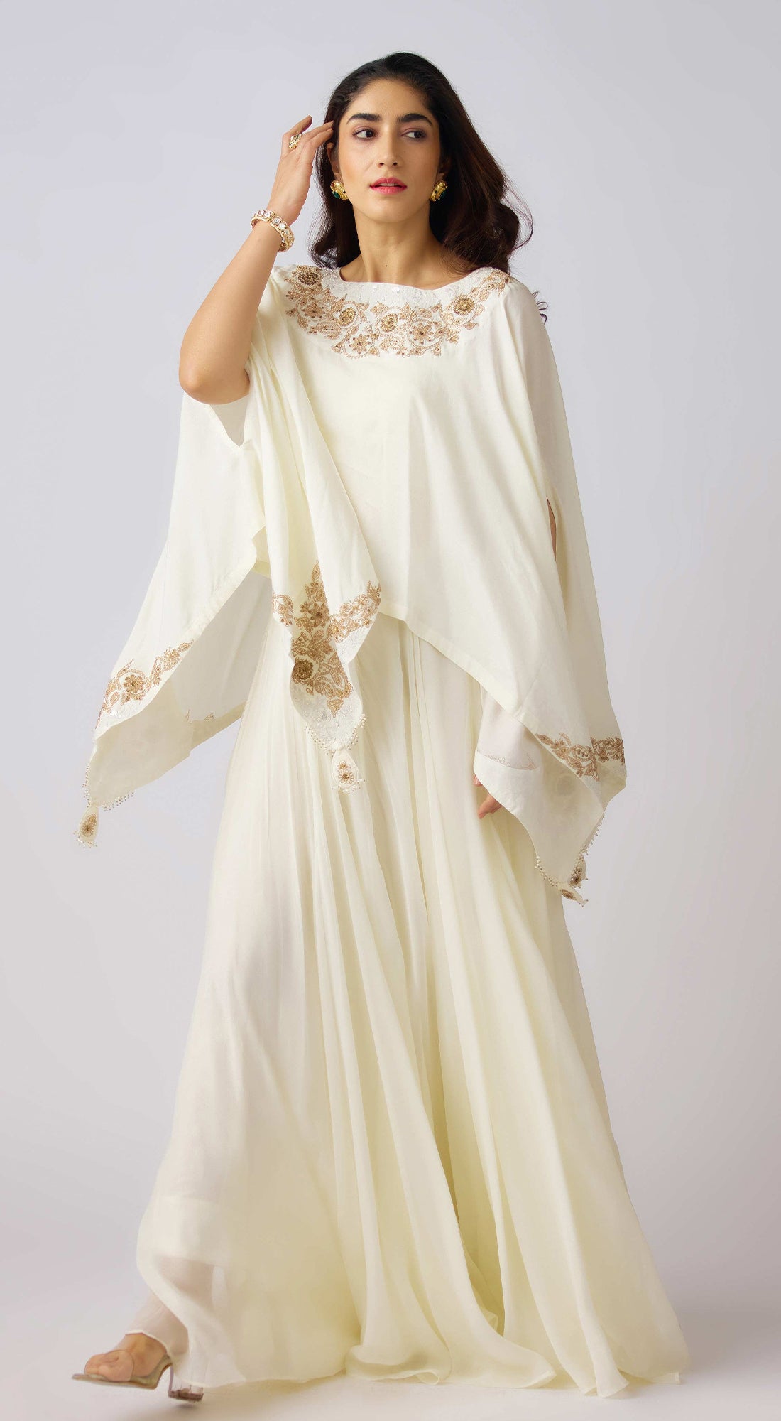 Off White Silk Embroidered Cape Set