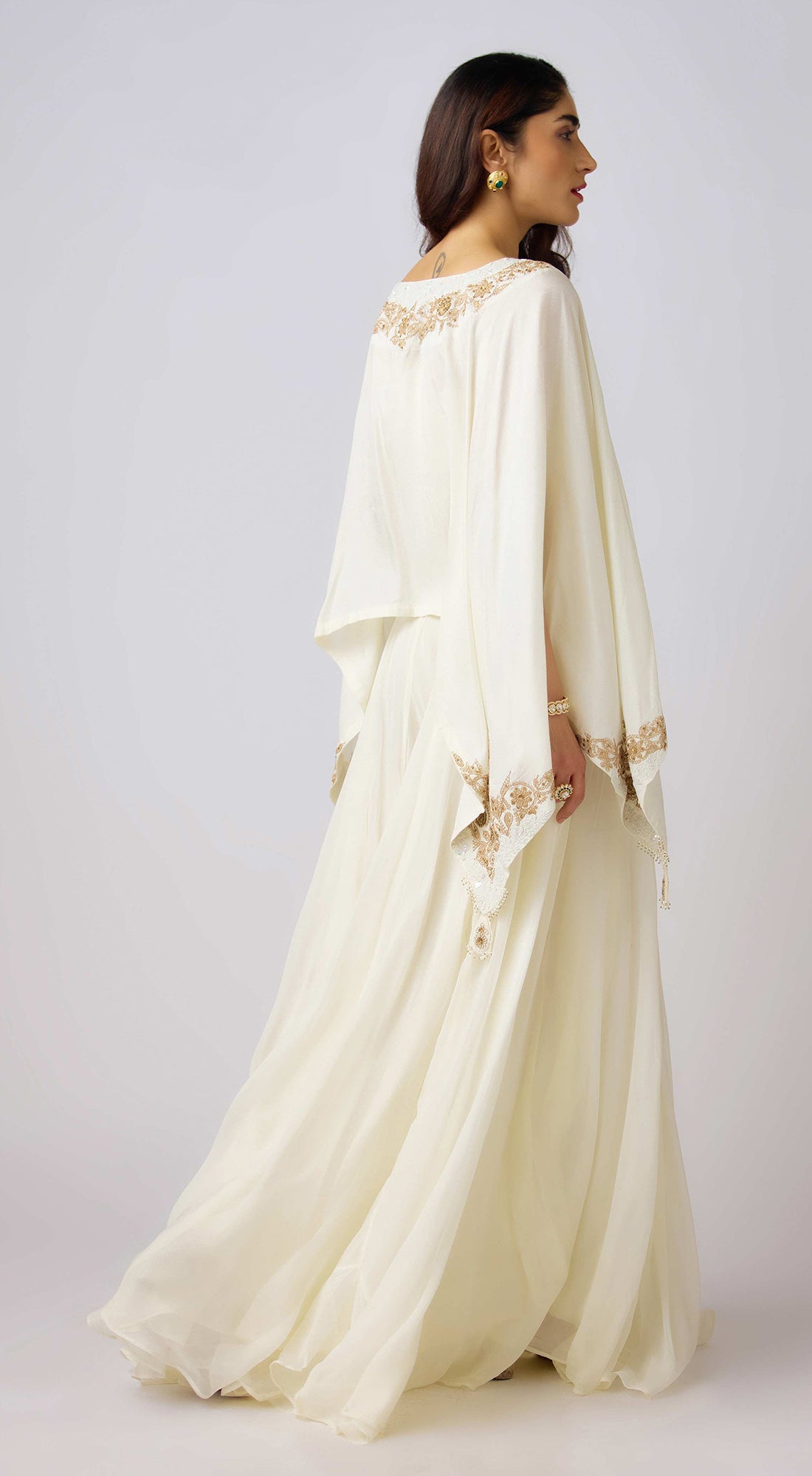 Off White Silk Embroidered Cape Set