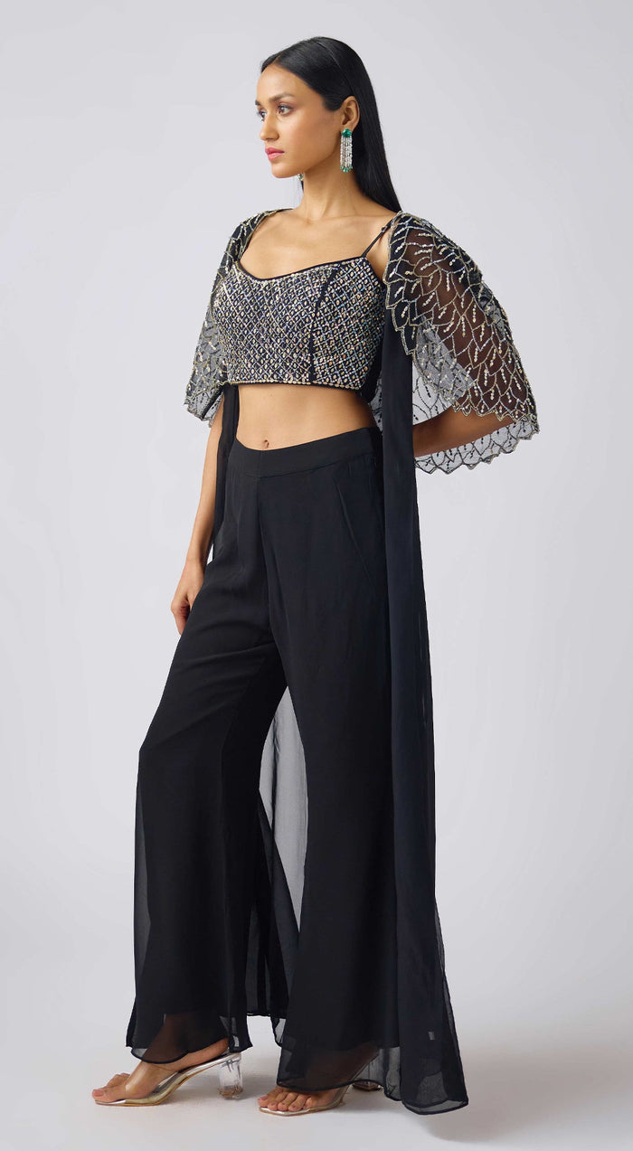 Black Georgette Leaf Sequins Embroidered Cape Set