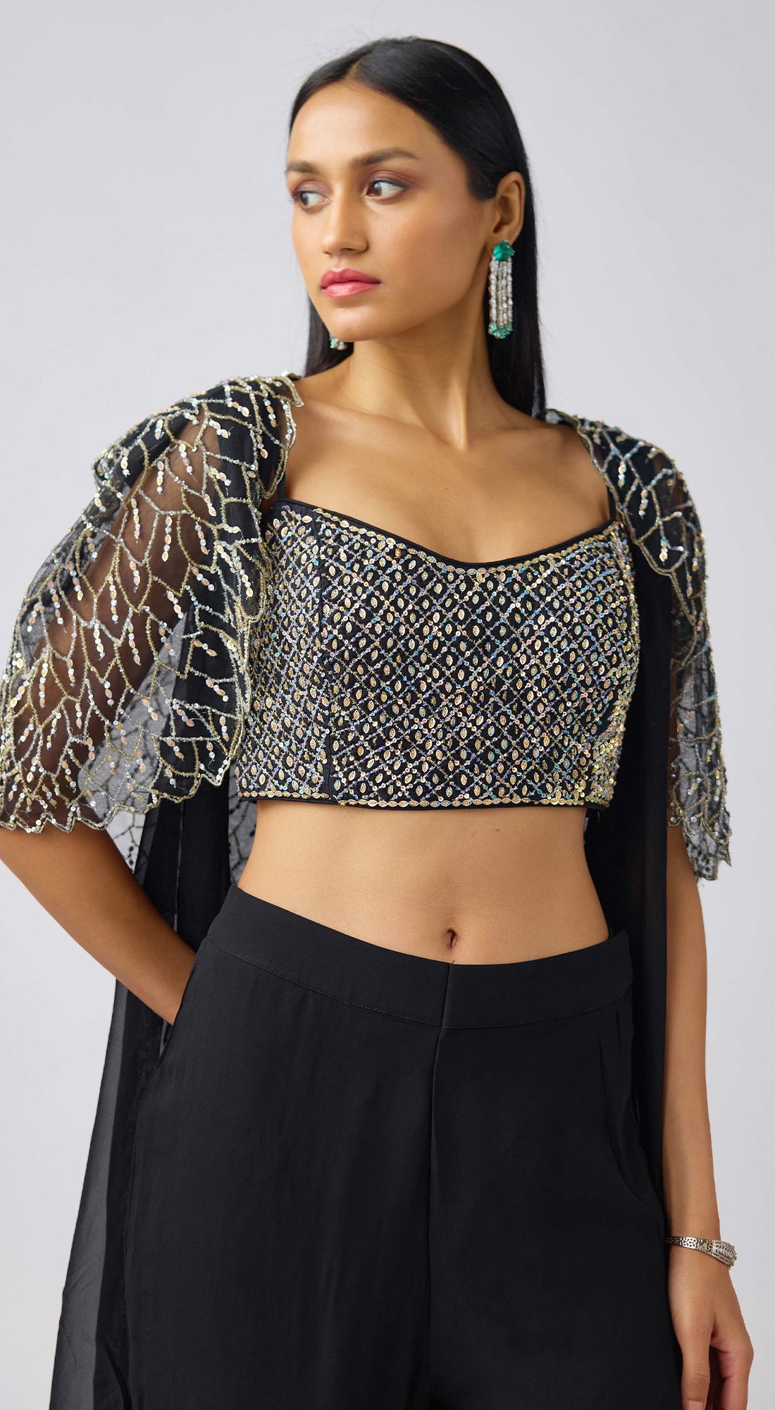 Black Georgette Leaf Sequins Embroidered Cape Set