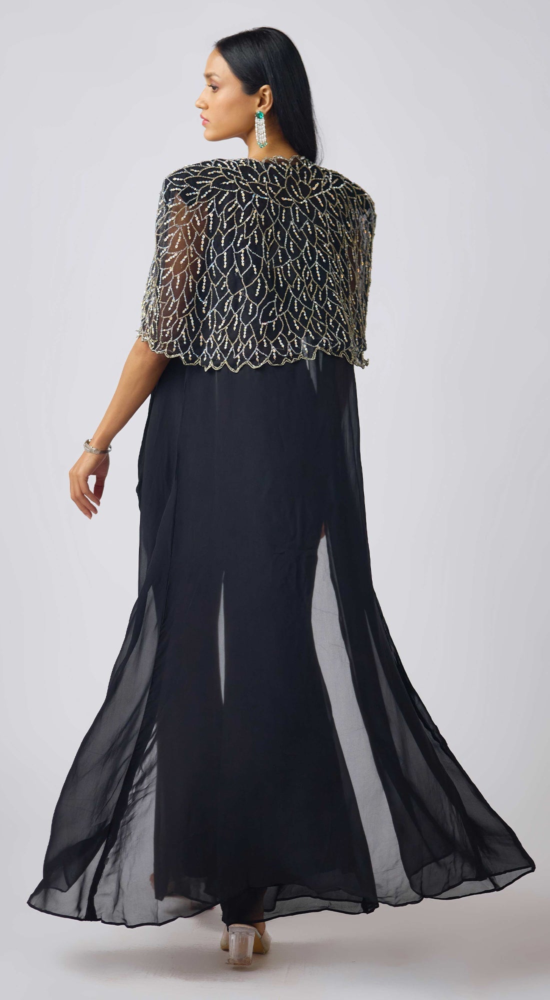 Black Georgette Leaf Sequins Embroidered Cape Set