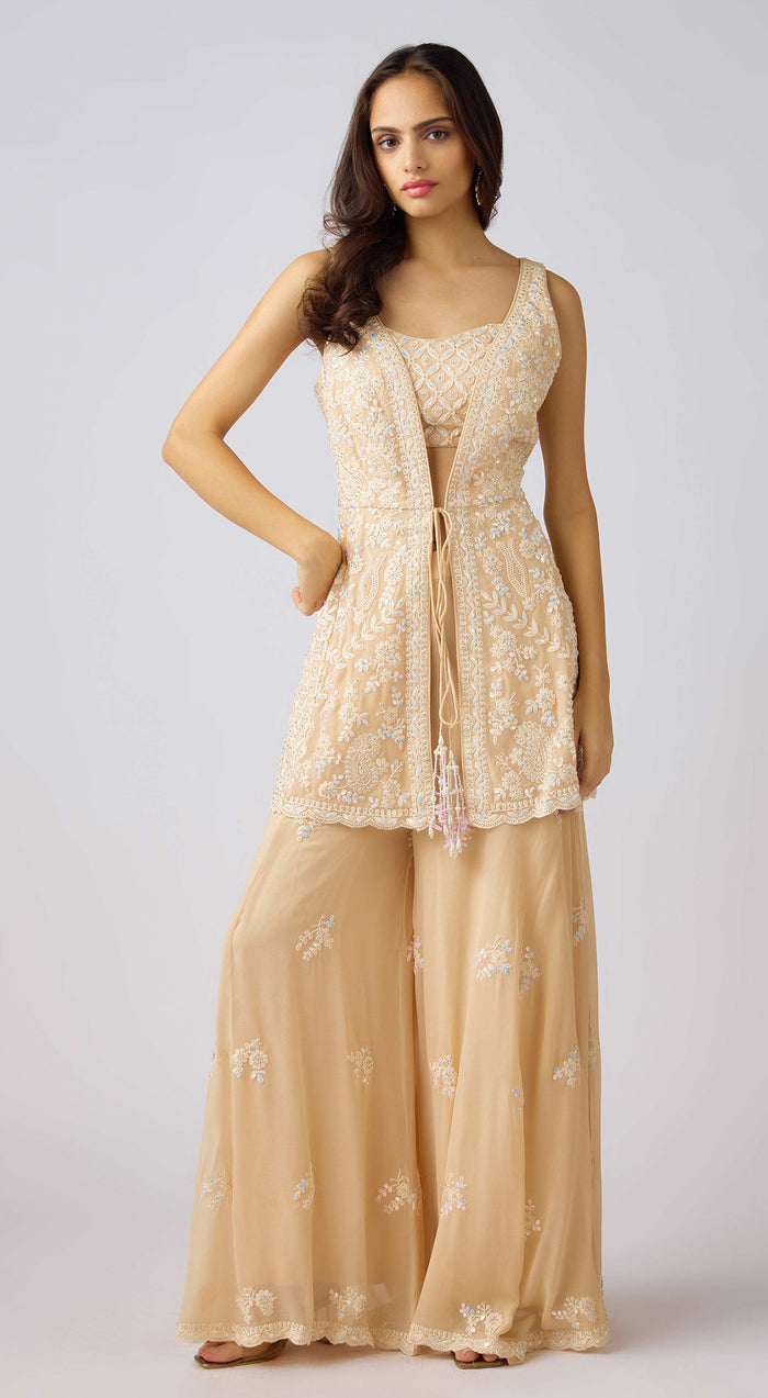 Gold Georgette Embroidered Cape Set