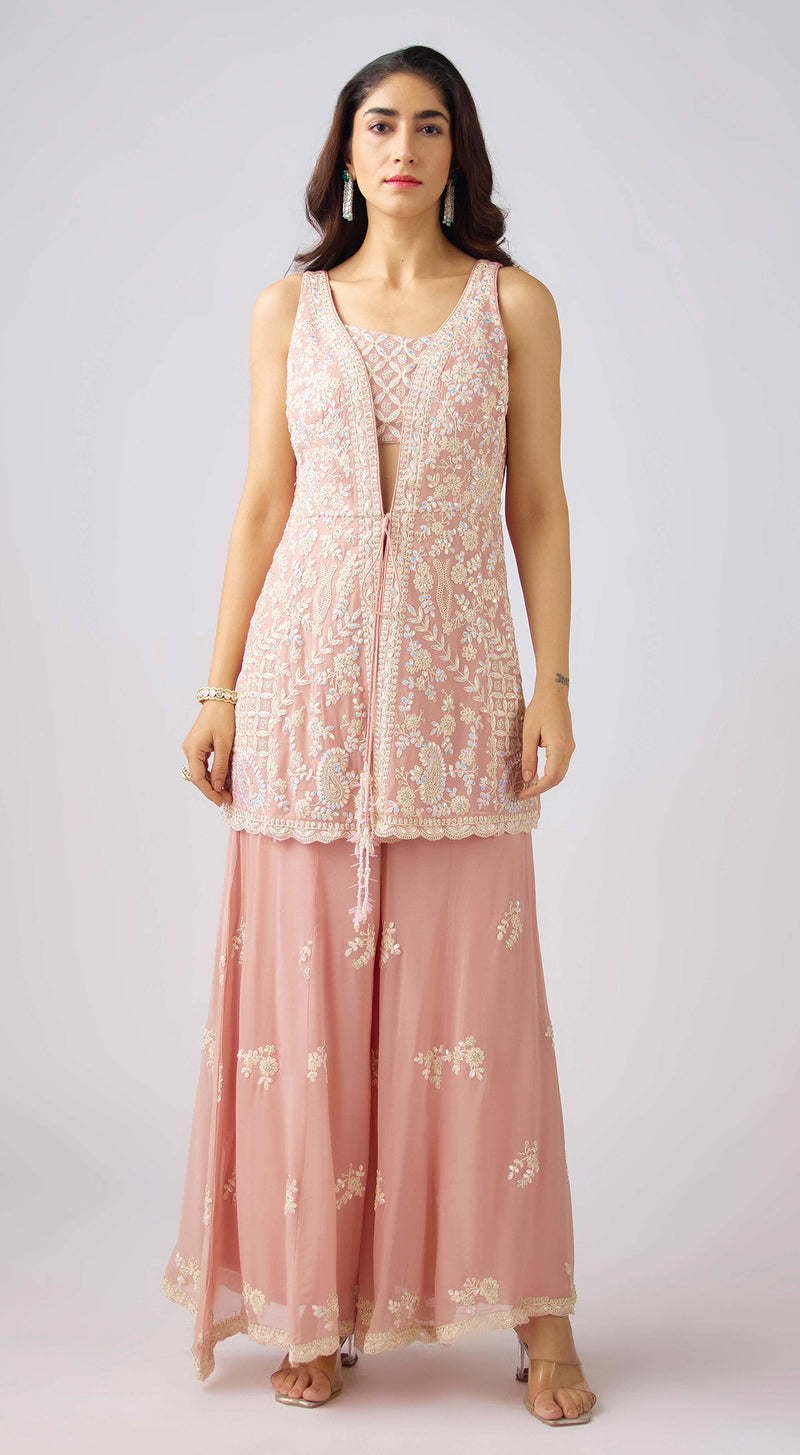 Peach Georgette Embroidered Cape Set