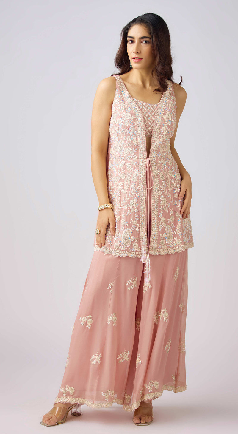 Peach Georgette Embroidered Cape Set