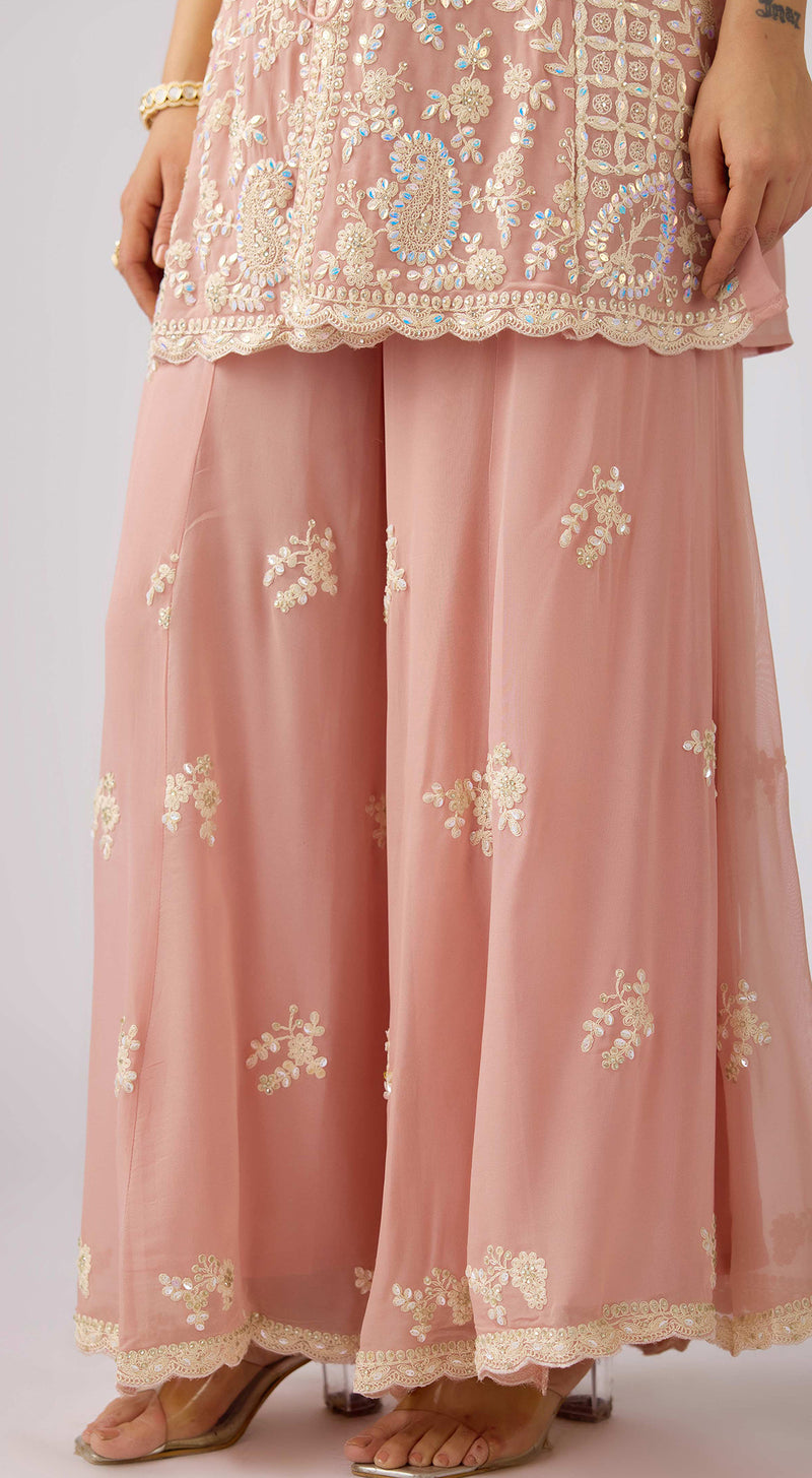 Peach Georgette Embroidered Cape Set