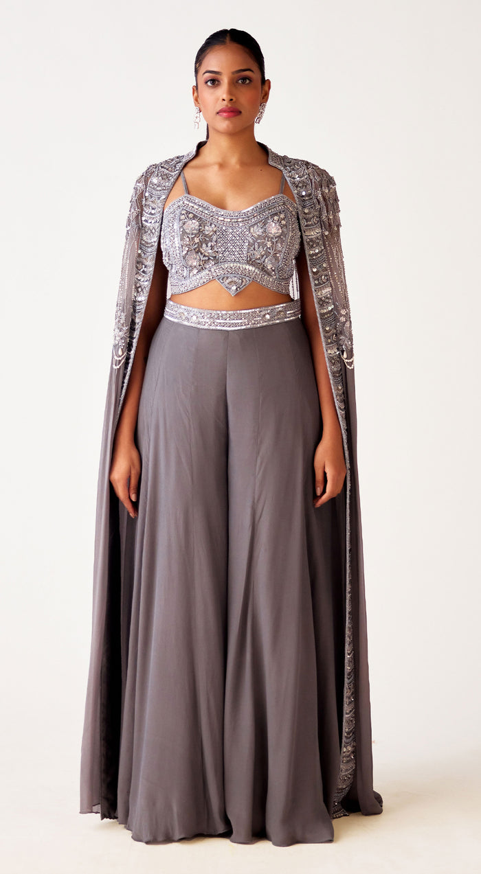 Grey Georgette Embroidered Cape Set