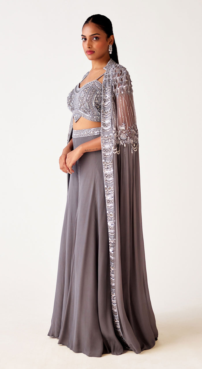 Grey Georgette Embroidered Cape Set