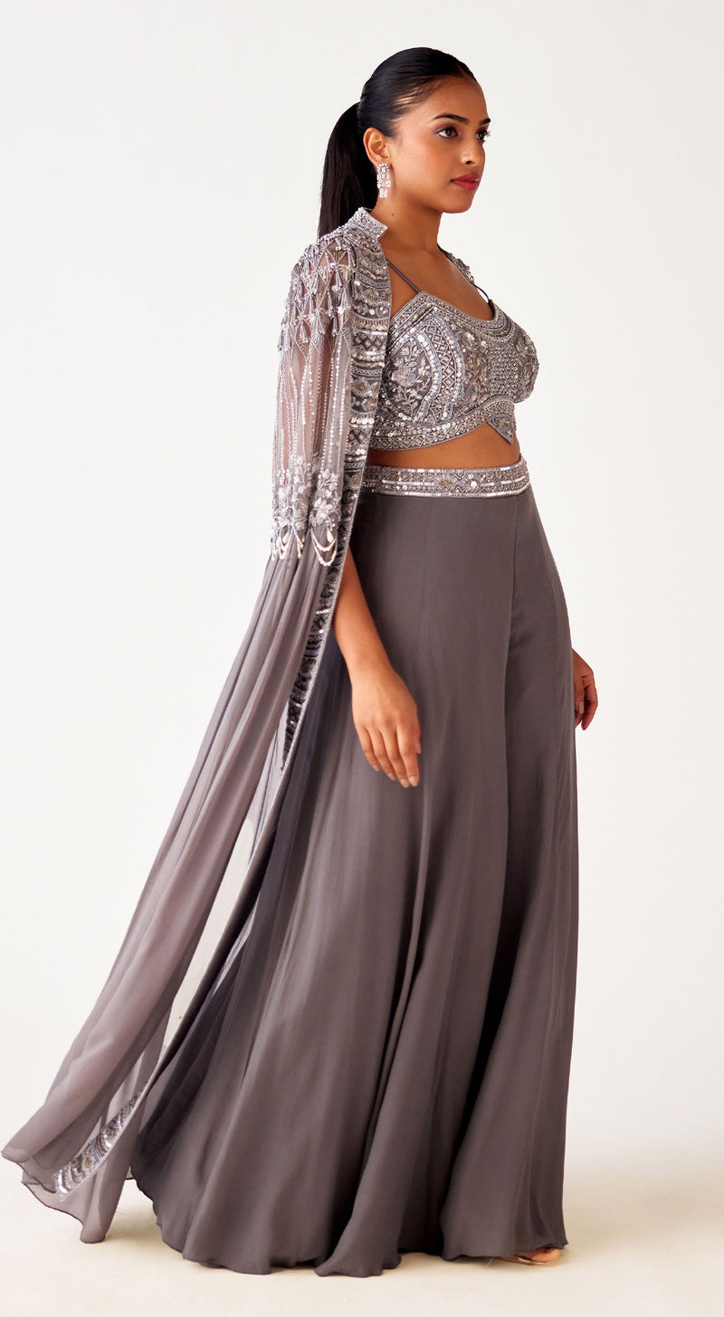 Grey Georgette Embroidered Cape Set