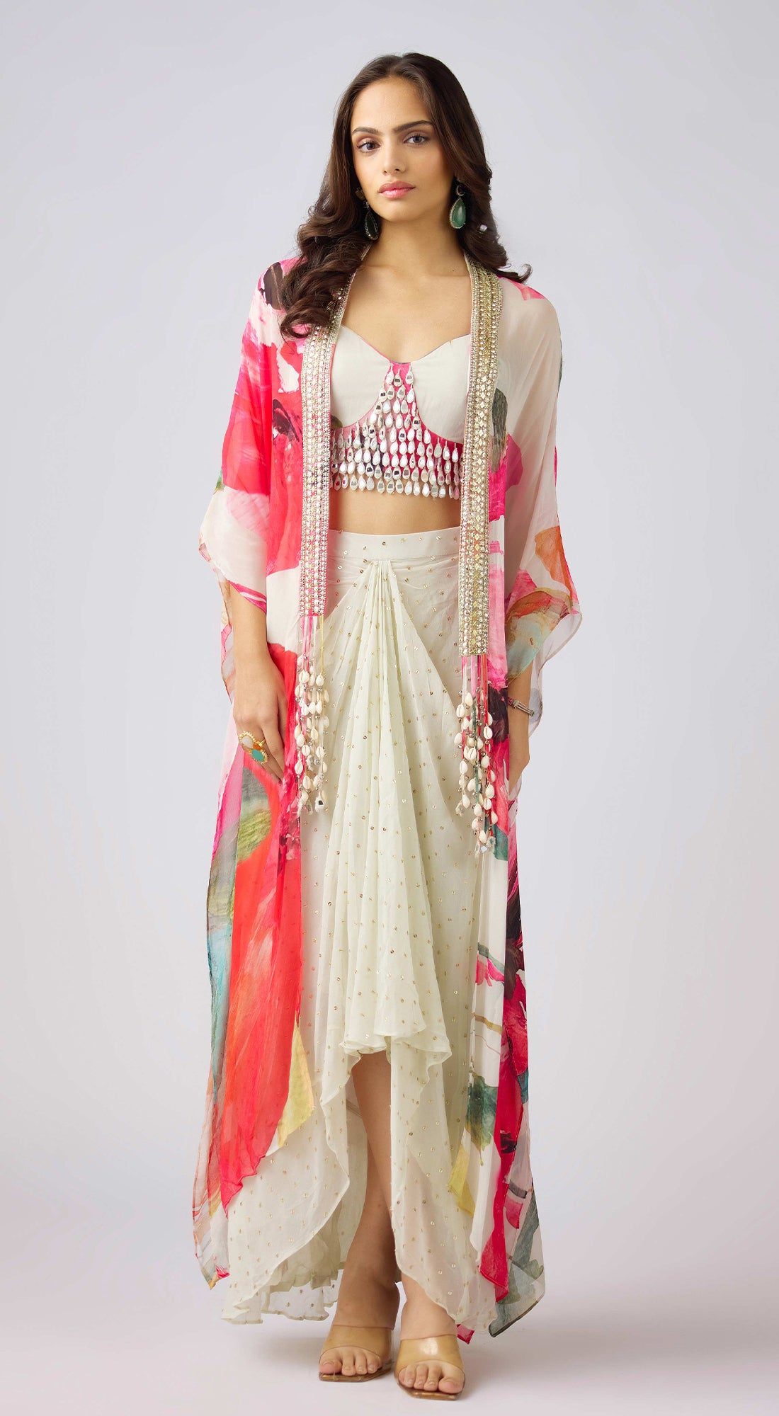 Multi Crepe Embroidered Floral Cape Set