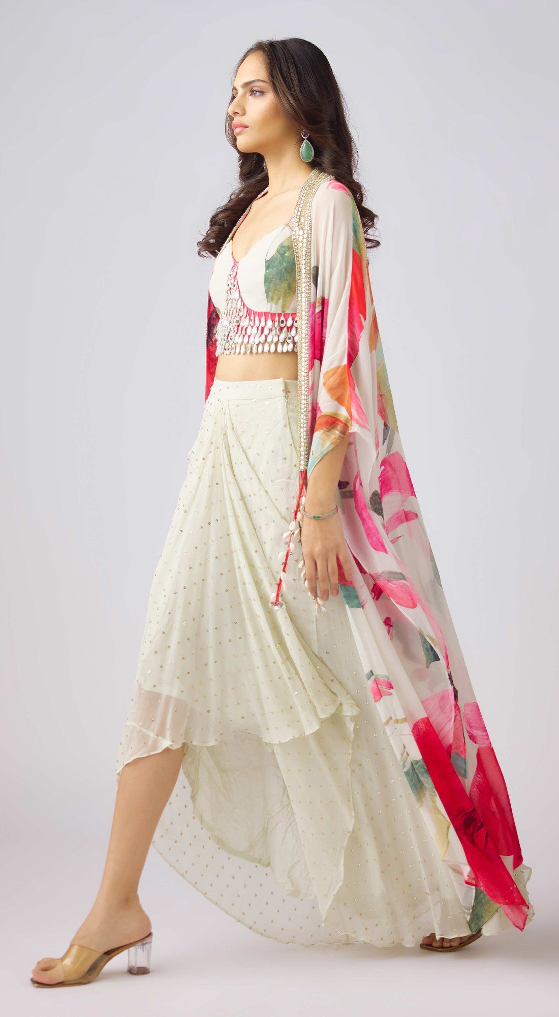 Multi Crepe Embroidered Floral Cape Set