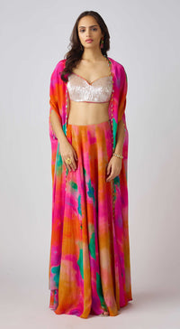 Multi Crepe Leaf Sequins Embroidered Cape Set