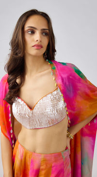 Multi Crepe Leaf Sequins Embroidered Cape Set