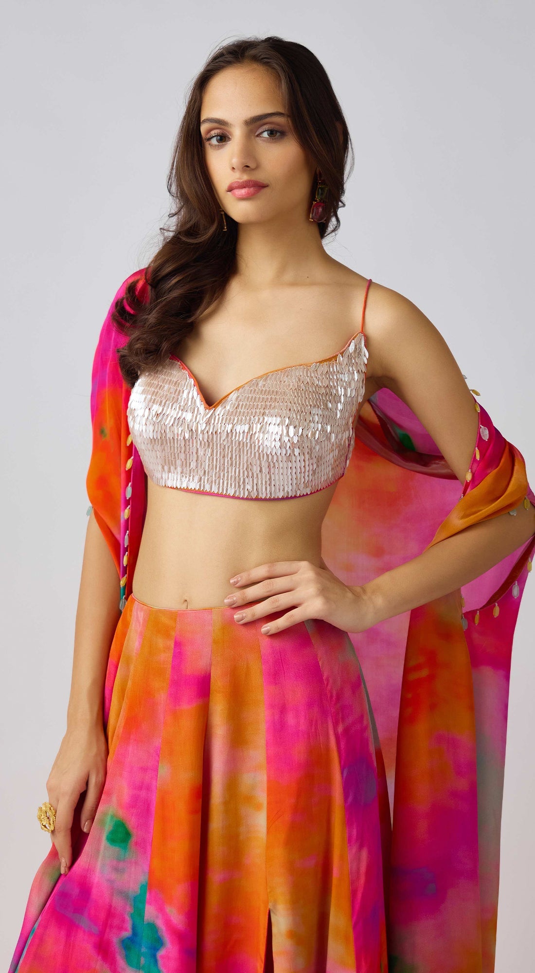 Multi Crepe Leaf Sequins Embroidered Cape Set