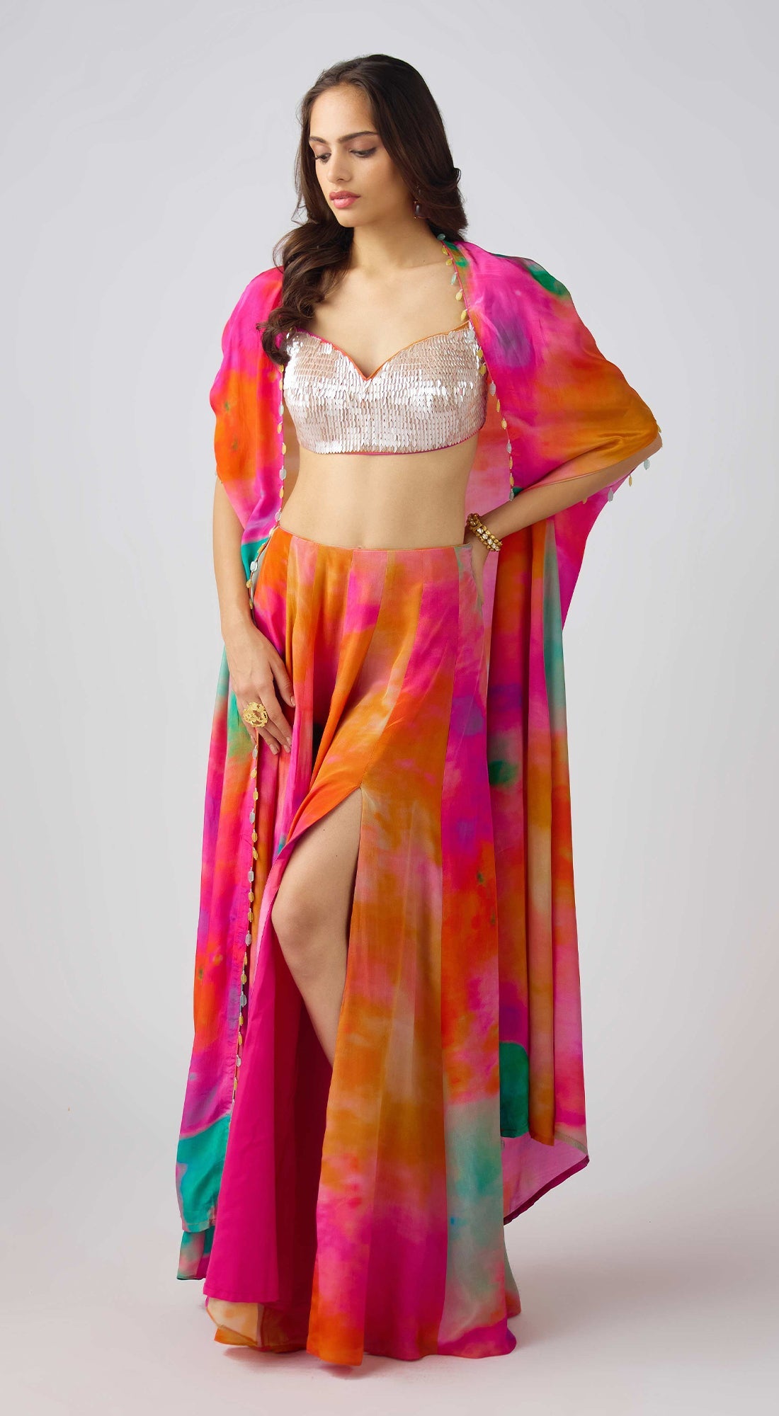 Multi Crepe Leaf Sequins Embroidered Cape Set