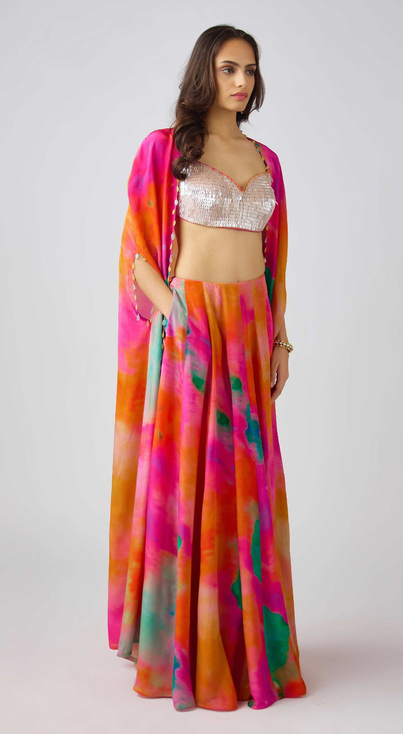 Multi Crepe Leaf Sequins Embroidered Cape Set