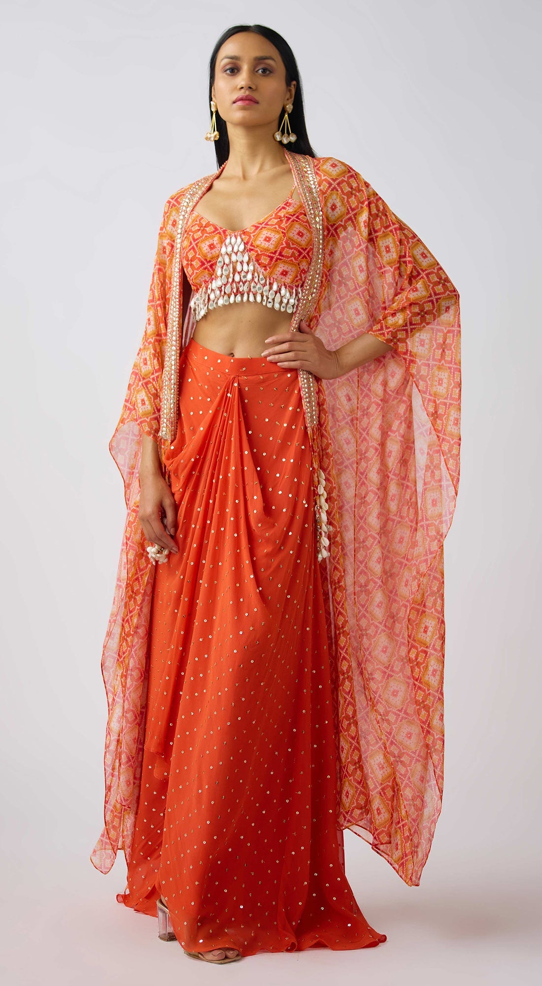 Orange Georgette Embroidered Cape Set