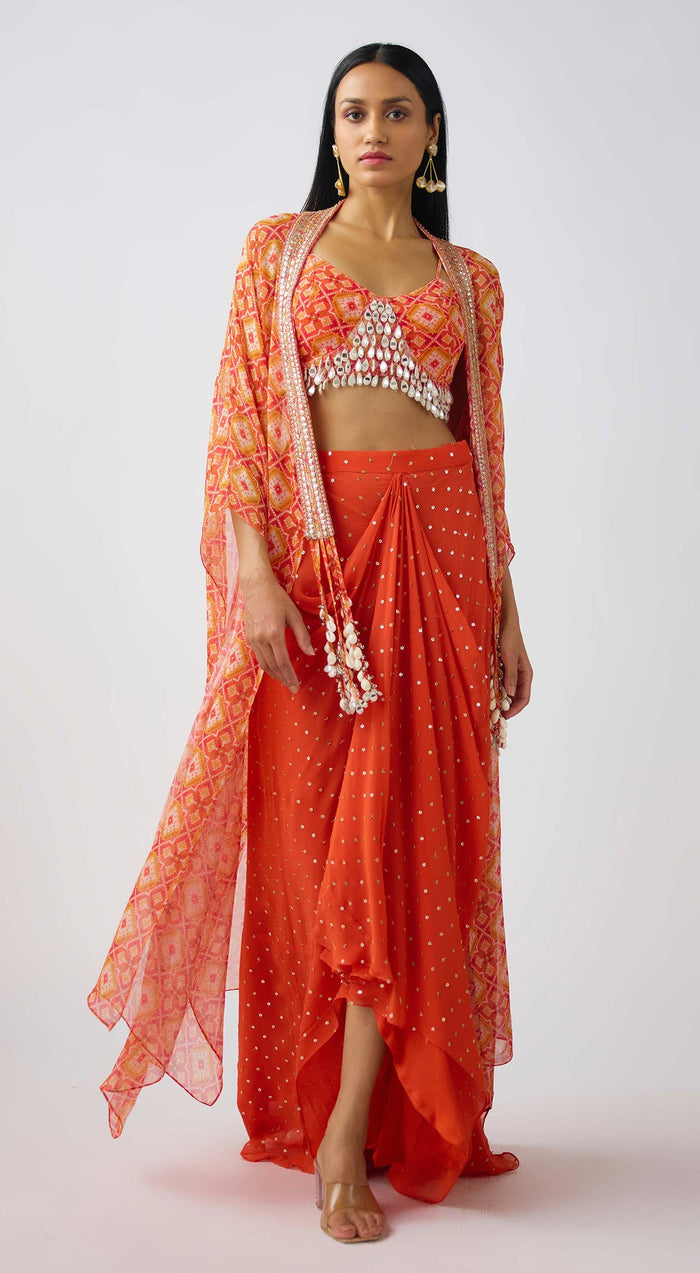 Orange Georgette Embroidered Cape Set