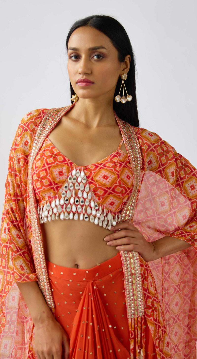 Orange Georgette Embroidered Cape Set