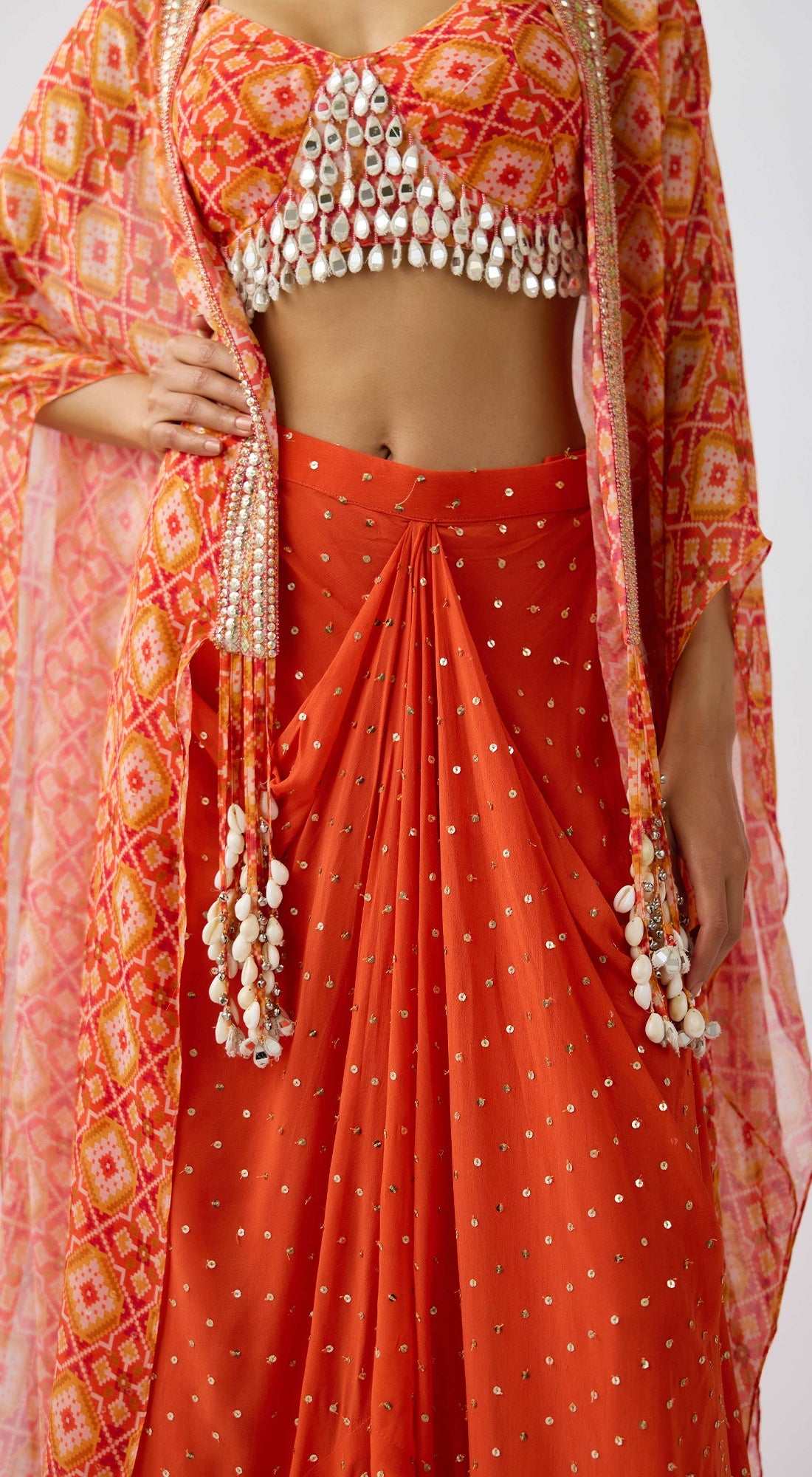 Orange Georgette Embroidered Cape Set