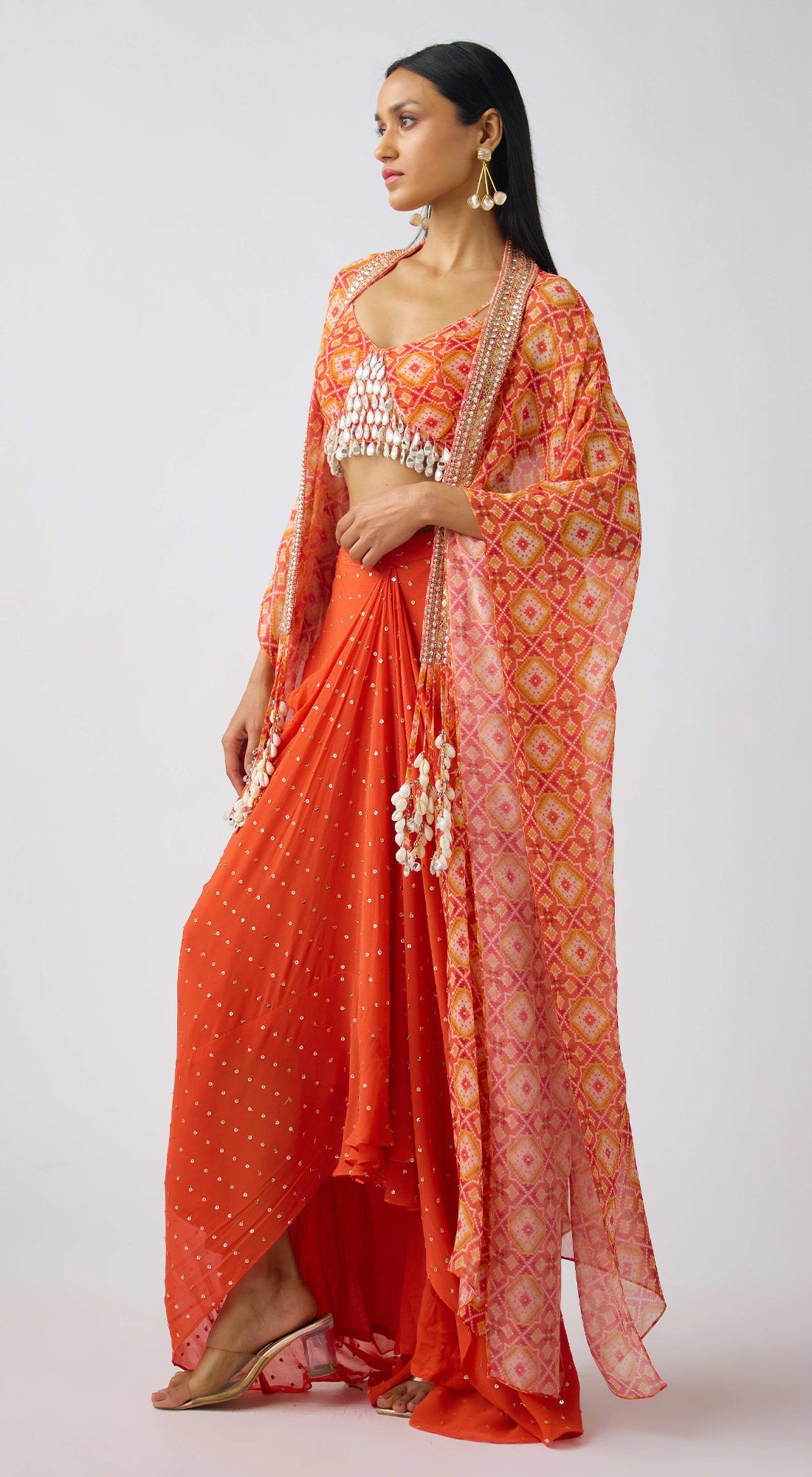 Orange Georgette Embroidered Cape Set