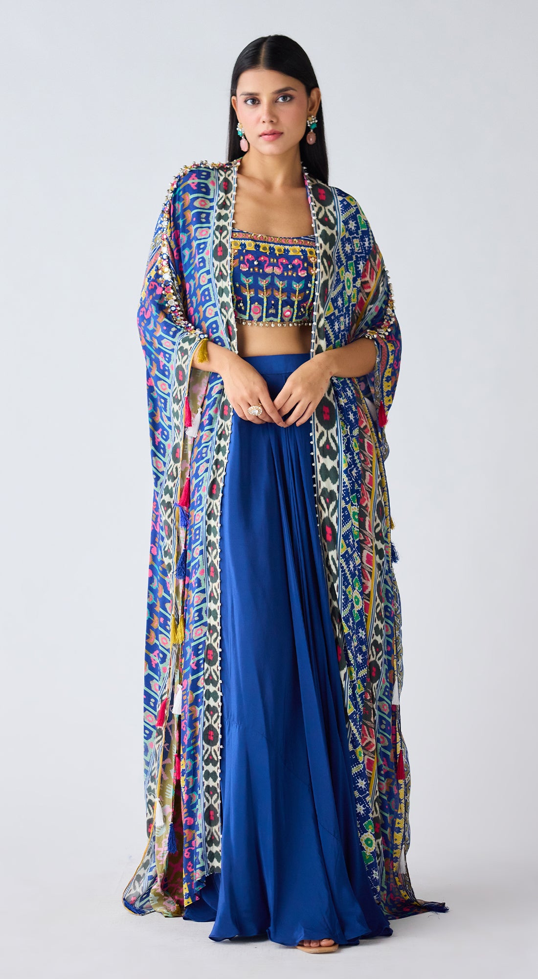 Blue Printed Skirt & Cape Set