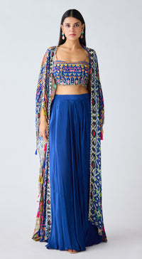 Blue Printed Skirt & Cape Set