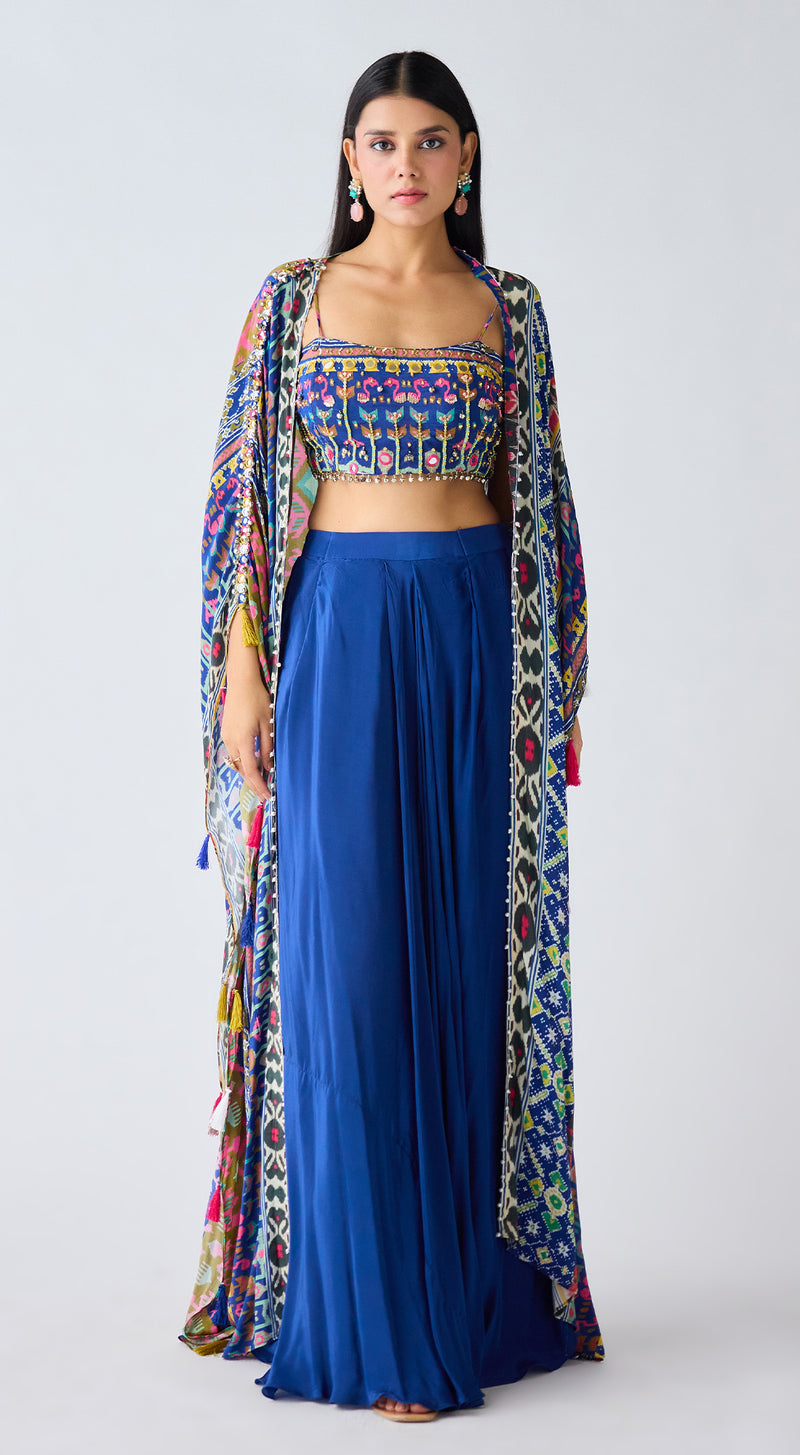 Blue Printed Skirt & Cape Set