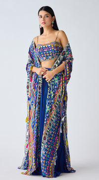 Blue Printed Skirt & Cape Set