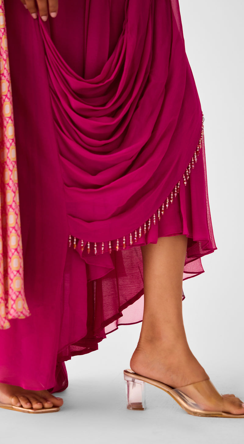 Rani Chinon Embroidered Cape & Draped Skirt Set