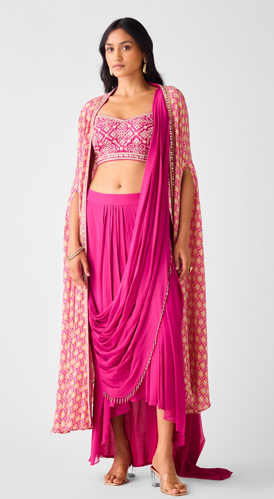 Rani Chinon Embroidered Cape & Draped Skirt Set